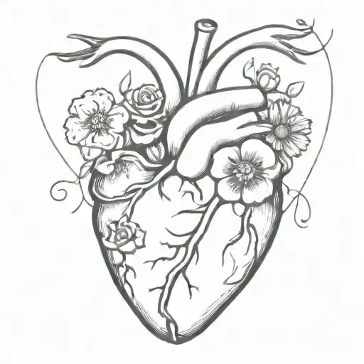 realistic heart with flowers intertwined tattoo design idea