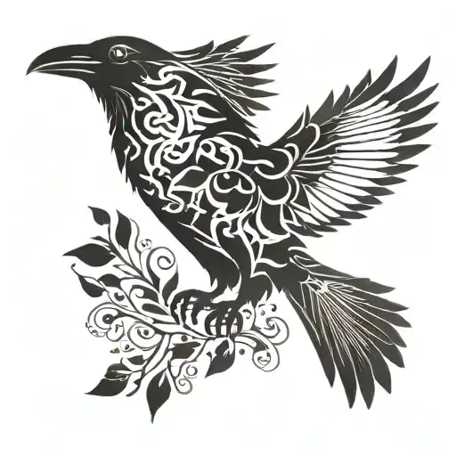 striking black silhouette of a raven in flight,abstract  tattoo design idea