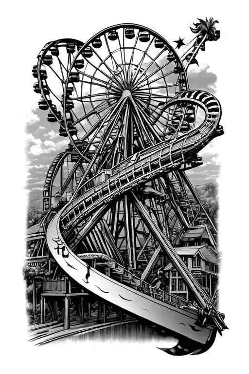 Black and white forearm tattoo with the theme of amusement parks, roller coasters, and metal/rock music. The tattoo shou tattoo design idea