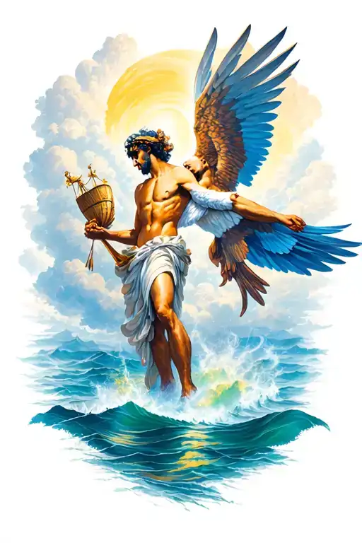 Create a scenario where the Odyssey and Icarus of Greek mythology compose the same scenario tattoo design idea