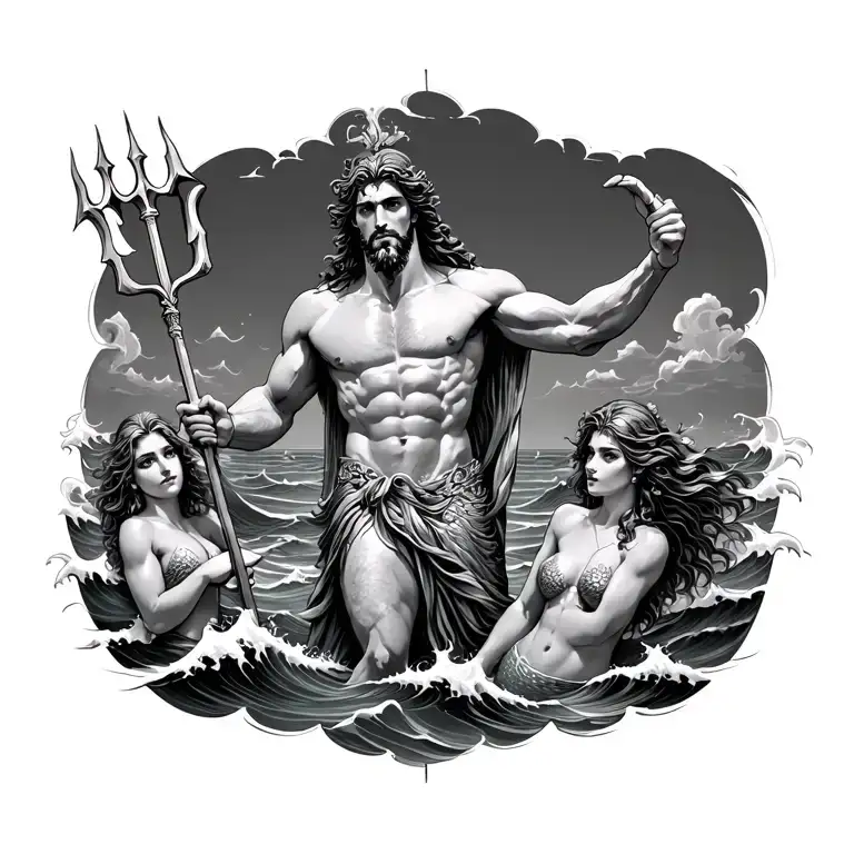 Poseidon holding trident with female mermaids below in ocean waves tattoo design idea