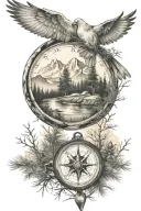 pine tree forest with stream and mountains with compass and dove tattoo design idea