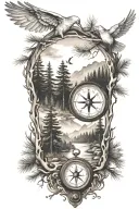 pine tree forest with stream and mountains with compass and dove tattoo design idea