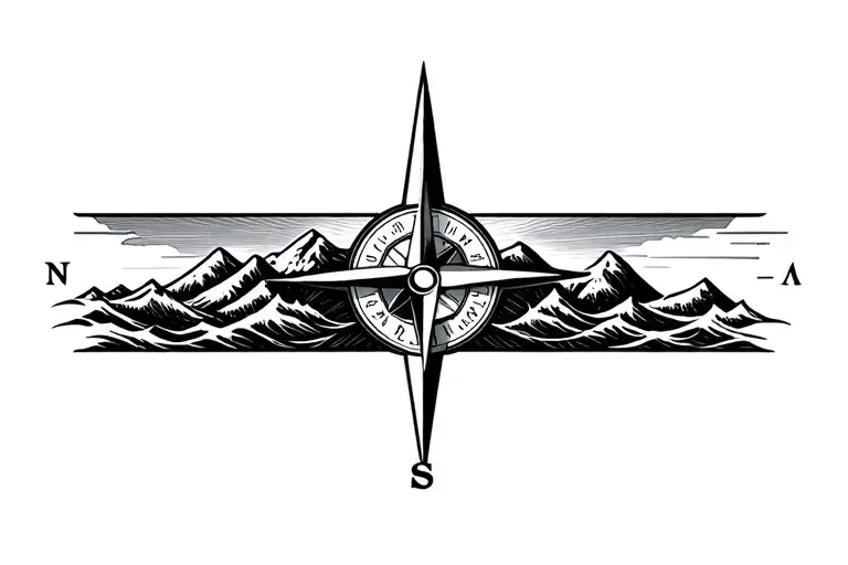 large compass with long north point surrounded by intricate geometric moutains and waves. grayscale.  tattoo design idea