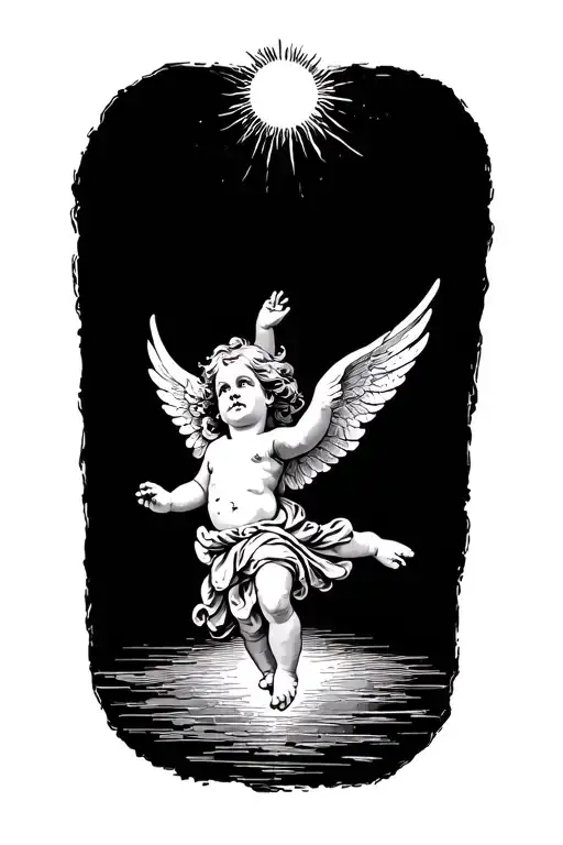 small flying cherub reaching for the sun tattoo design idea
