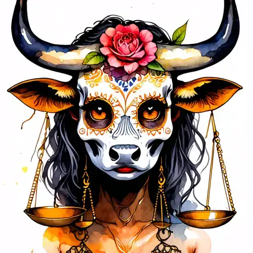 woman full body bull with sugar skull markings, brown eyes and two Libra scales with extra dark background tattoo design idea