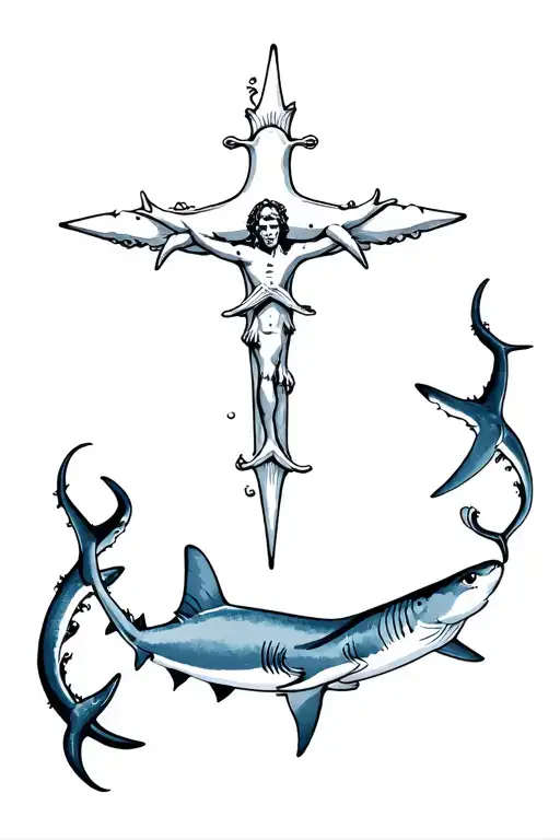Cristian cross with different sharks and marine life around it tattoo design idea