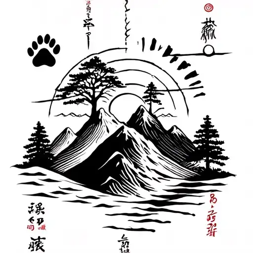 my journey, a tiny paw print, Shoshin (初心), a rising sun/moon, Carpe Diem, and an optional tree/mountain. tattoo design idea