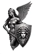 Realistic full-sleeve tattoo of the Greek goddess Athena in armor, holding a shield featuring the face of Medusa, with a tattoo design idea