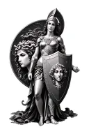 Realistic full-sleeve tattoo of the Greek goddess Athena in armor, holding a shield featuring the face of Medusa, with a tattoo design idea