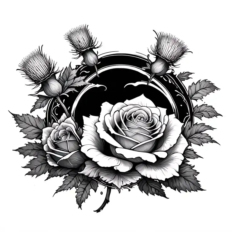 roses and thistles incorporated with water waves tattoo design idea