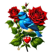 red rose, small blue bird sitting on leaf of the rose stem, small heart charm with JW hanging from a thorn on the stem tattoo design idea