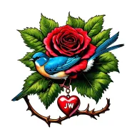 red rose, small blue bird sitting on leaf of the rose stem, small heart charm with JW hanging from a thorn on the stem tattoo design idea