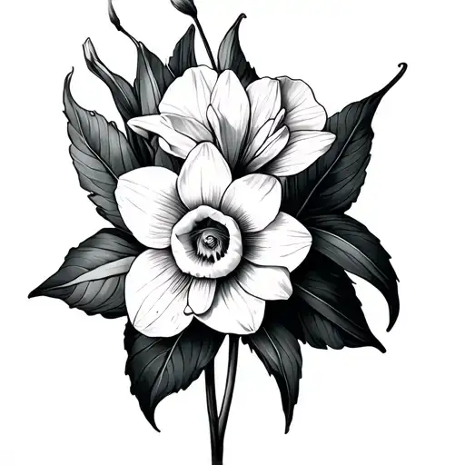 the name Alma with a Narcissus flower intertwined tattoo design idea