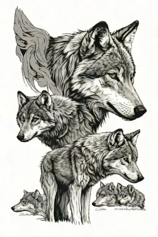 Adult gray wolf facing forward, directly below an adult female gray wolf, directly below in a line 5 gray wolf pups tattoo design idea