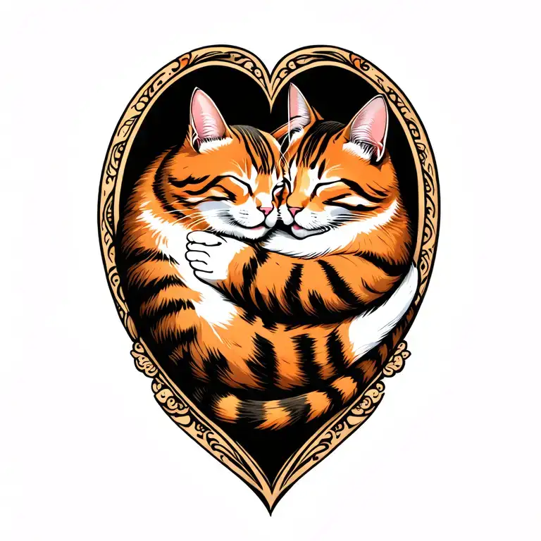 A heart shape that looks like an orange cat and a brown cat sleeping and hugging  tattoo design idea