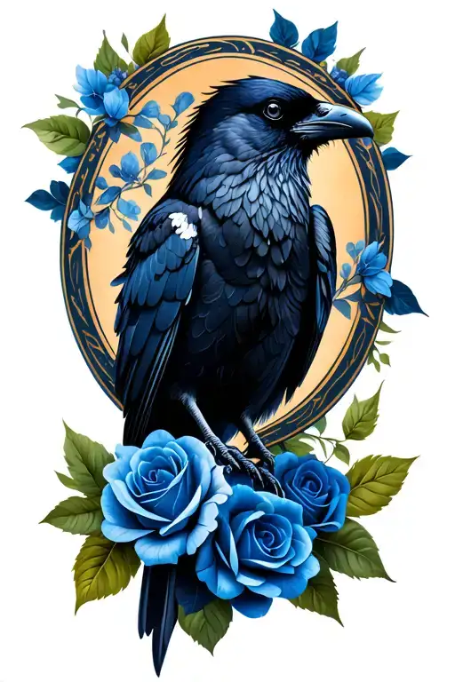 black raven with blue roses tattoo design idea
