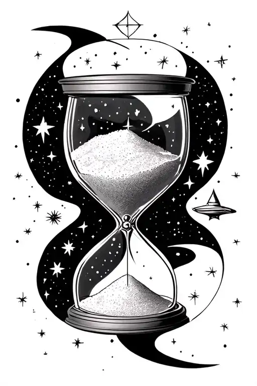 A celestial clock or hourglass drifting in space, sand turning into stars or galaxies. tattoo design idea