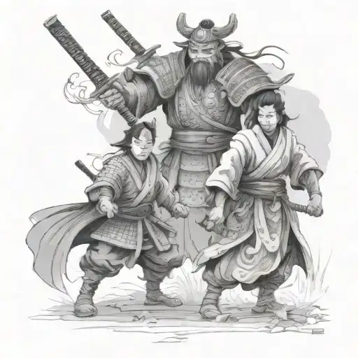 Samurai family fighting demon in Forrest, father samurai protecting kids tattoo design idea