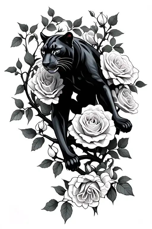 creat a black panther climbing up a rose bush of thorns adn rose buds flowering tattoo design idea