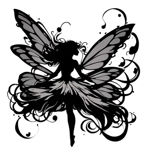 Fairy silhouette in motion, surrounded by spiral lines or clouds tattoo design idea