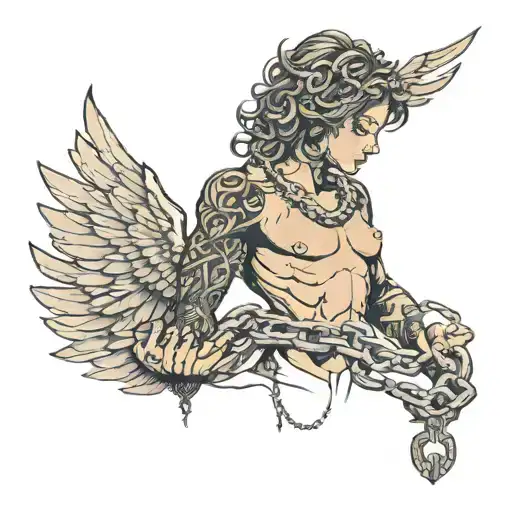 weight loss body build with chains breaking and bursting and angels wings  tattoo design idea