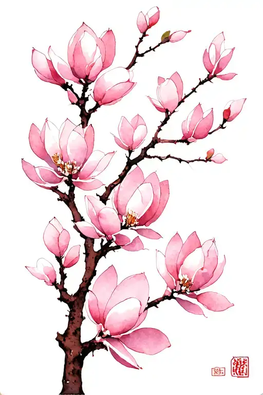 A Japanese-inspired illustration featuring a delicate branch adorned with vertically arranged soft pink magnolia blossom tattoo design idea