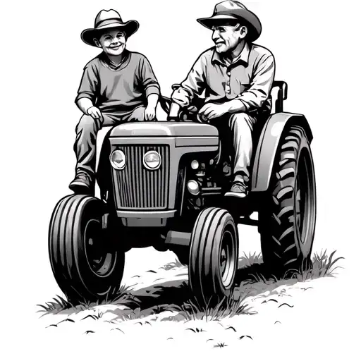 grandfather and grandson sitting on tractor  tattoo design idea