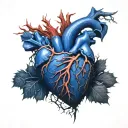 Realistic Human Heart, bleeding, wrapped in thorny branches, bloody tattoo design idea