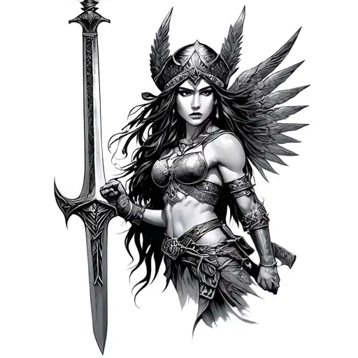 valkyrie warrior woman holding a sword tattoo design idea