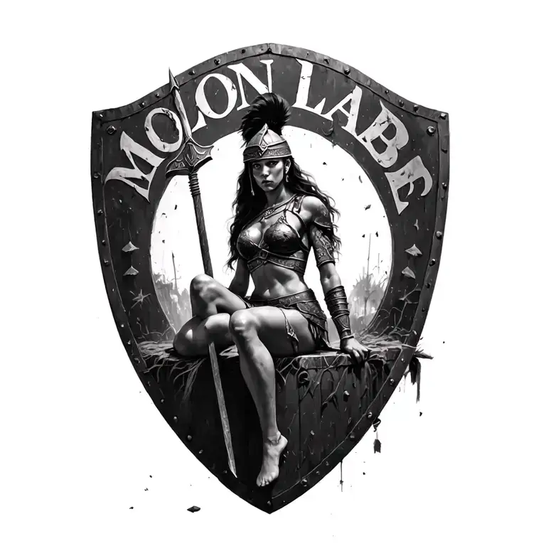 black and white spartin woman warrior sitting on a old battle shield inscribed with MOLON LABE tattoo design idea
