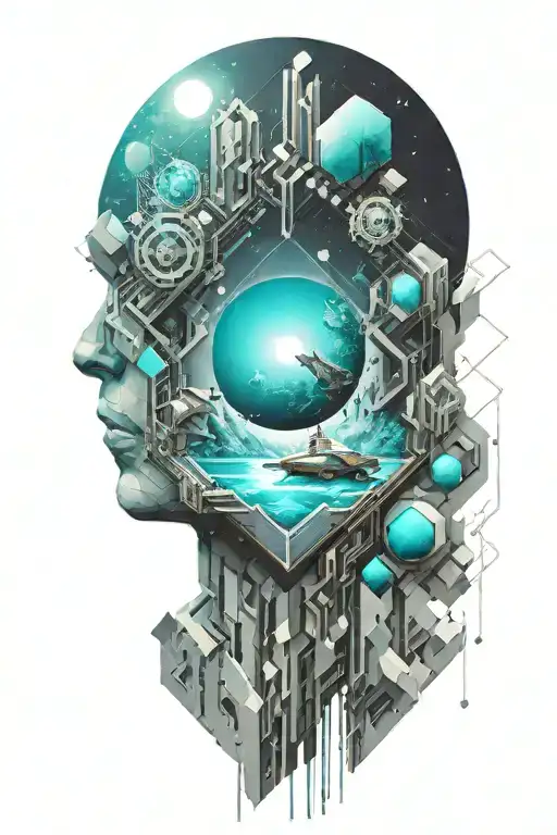 A geometric space landscape inspired by technology incorporating a small amount of cyan tattoo design idea