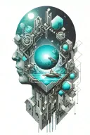 A geometric space landscape inspired by technology incorporating a small amount of cyan tattoo design idea