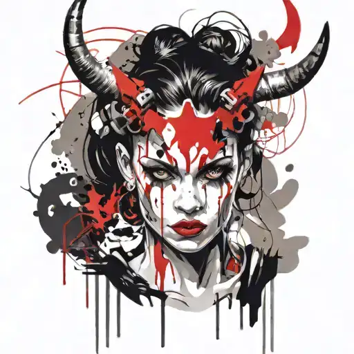 naked gothic girl with horns tattoo design idea