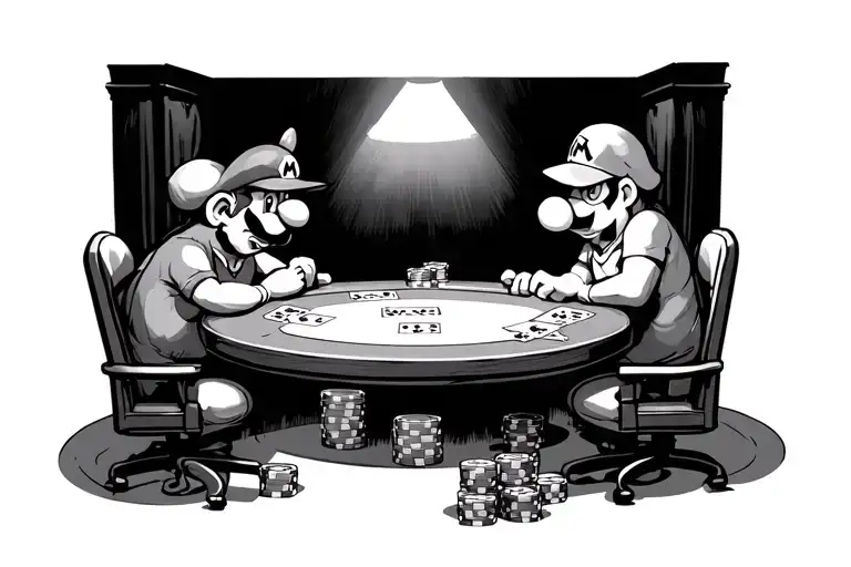 pac man, Mario brothers, Toshiba, King Kong, Pikachu playing poker at a round poker table in a dark room under a spotlig tattoo design idea