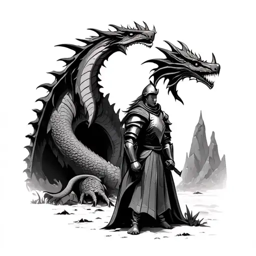 Knight standing outside a cave facing a dragon tattoo design idea