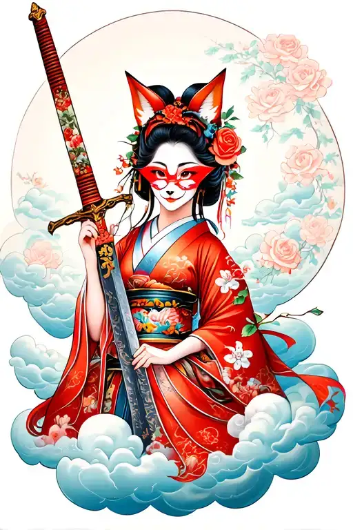 beatiful geisha with long rose sword and have a fox mask and smiling on cloud tattoo design idea