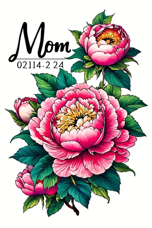 "Mom 02/14/24" peonies growing tattoo design idea
