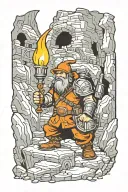 hunter with torch in front of dwarf cave entry tattoo design idea