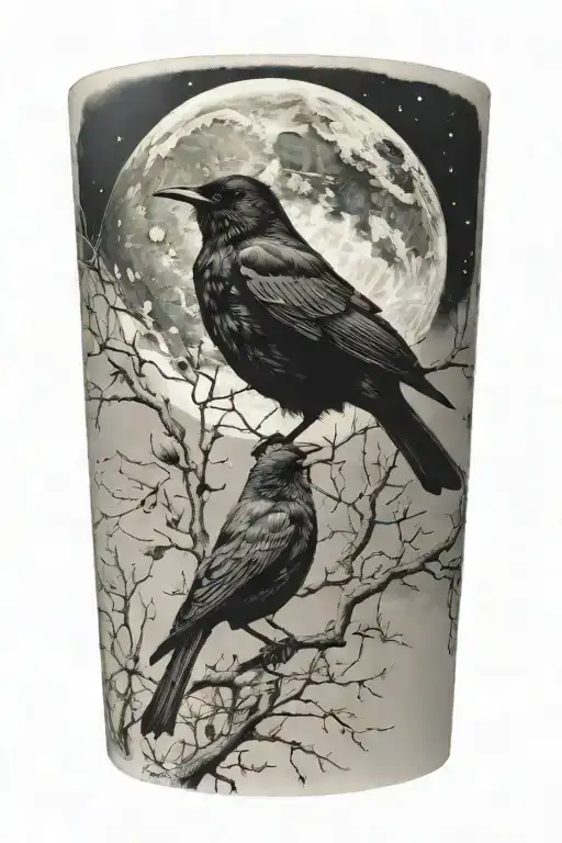 realistic moon and blackbird, urban tattoo design idea