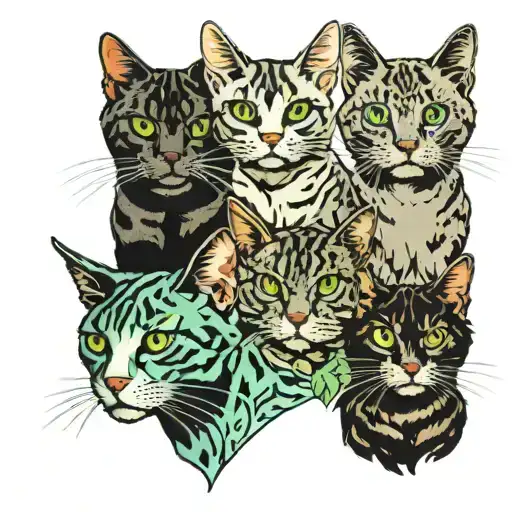  cat with one blue eye and one green eye, a gray and green cat, and a cat with tortoiseshell coloring all sitting togeth tattoo design idea