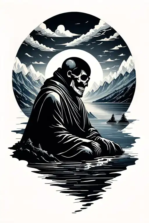 lower part- water, stream, outdoors, upper part- mountains, skeleton monk (placed towards the top part), clouds tattoo design idea