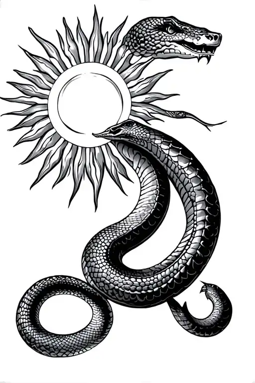 snake, giant snake, sun, snake around sun, snake trying to eat sun, writhing snake tattoo design idea