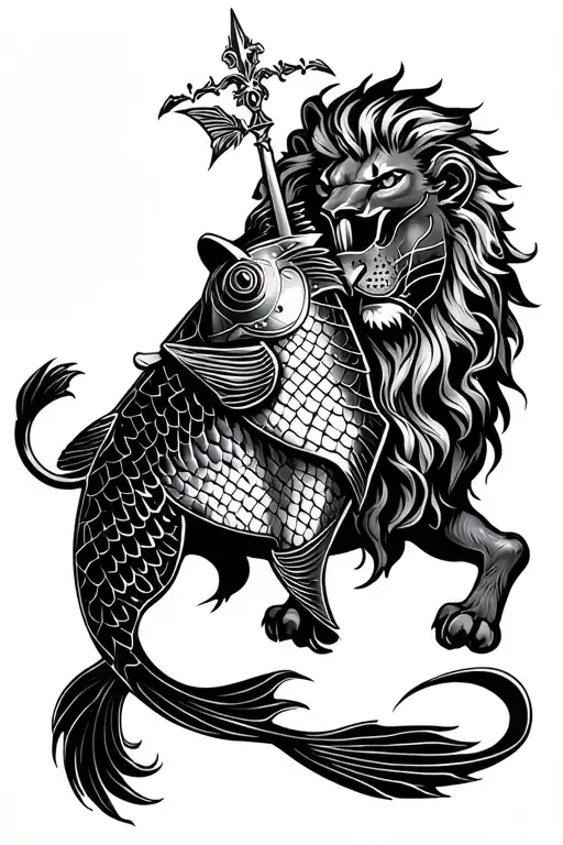 Sign of the zodiac fish and lion plus knight Saint Georges tattoo design idea