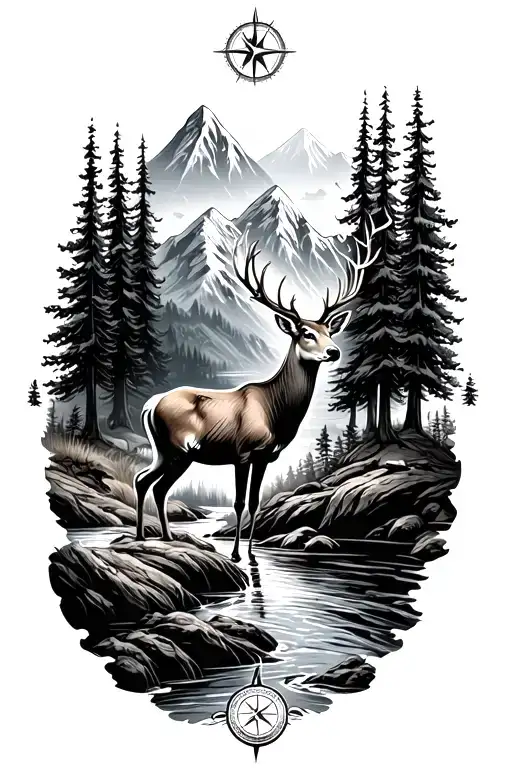 mountains trees stream with compass and male deer tattoo design idea