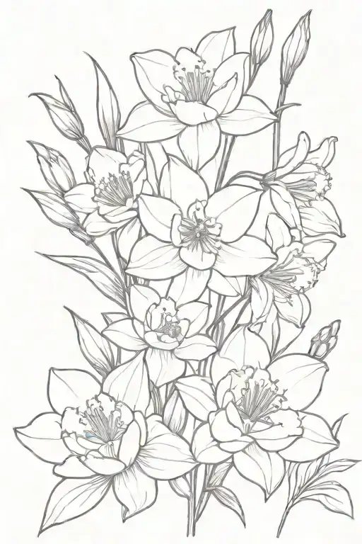 honeysuckles, daffodils, water lilies, and gladiolus bouquet tattoo design idea