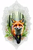 floral lace background with fox running through forest tattoo design idea