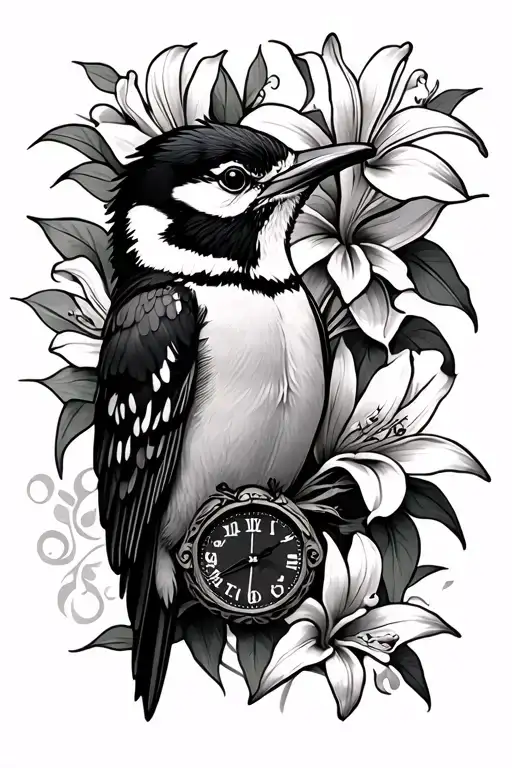 woodpecker, lilies, clock tattoo design idea