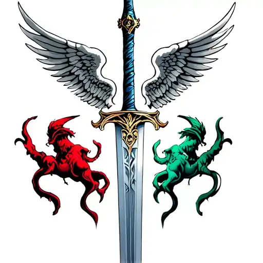 sword with angel and devil wings spread wide tattoo design idea