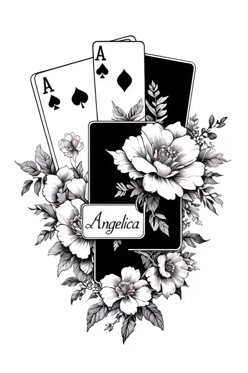 "Angelica" Angelica name with cards and flowers intertwined tattoo design idea